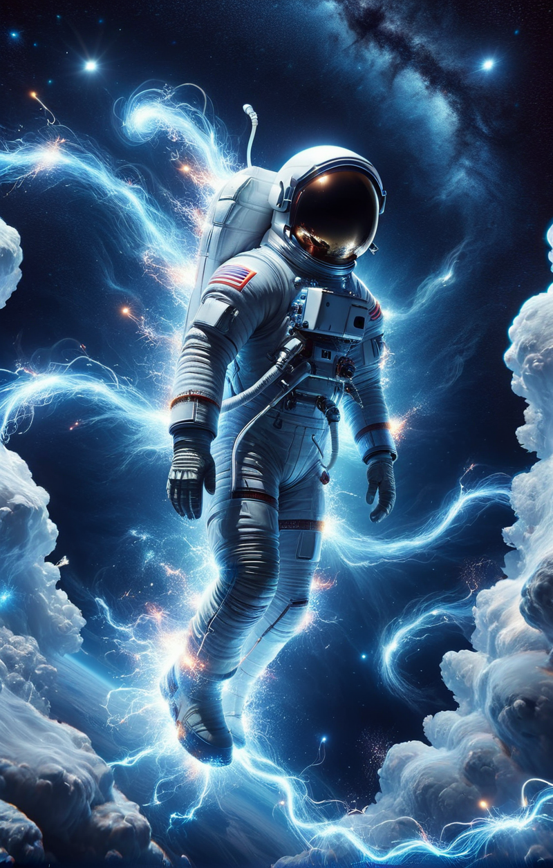 Astronaut im Weltraum mit Sparks-Style Effekten