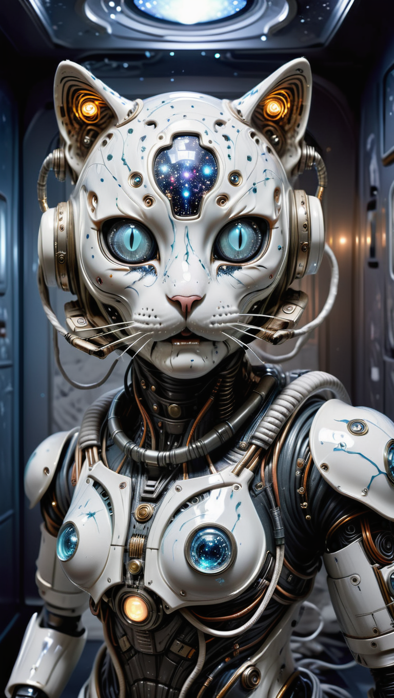 Horror-Android Katze mit kosmischer Beleuchtung