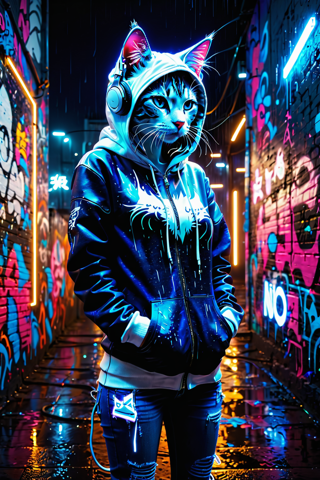 Anthropomorphe Katze mit Hoodie in Tokyo Neon-Nacht