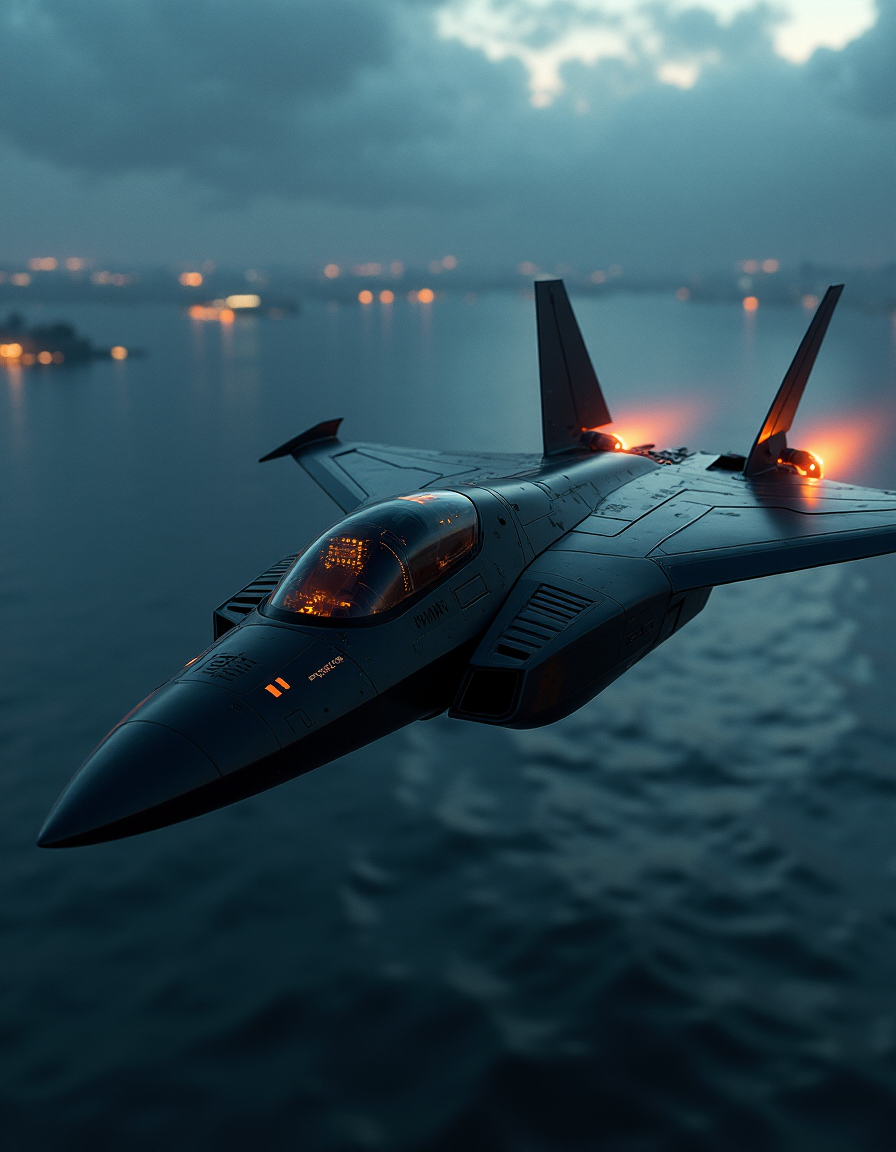 Skynet Stealth Fighter über stürmischem Meer bei Nacht