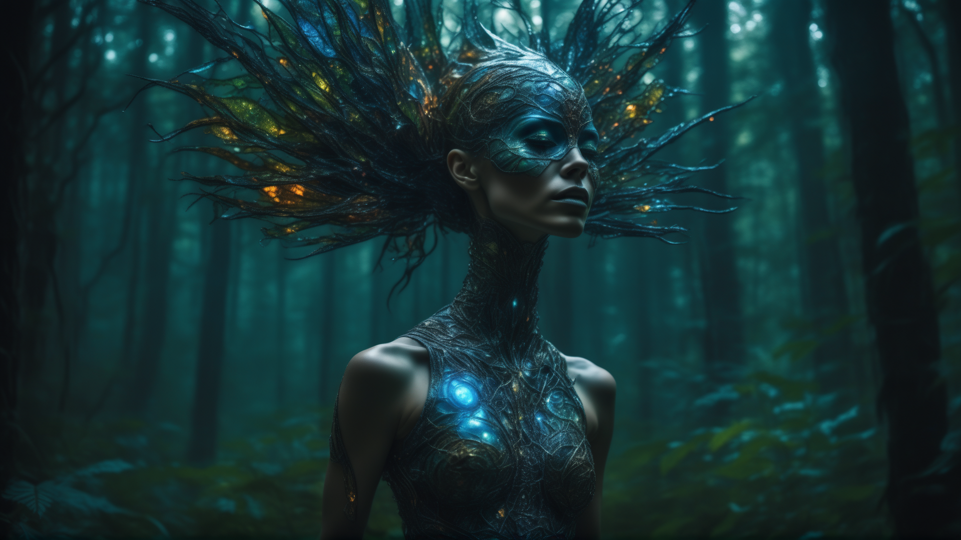 Glas-Alien mit Future Fashion in mystischem Wald