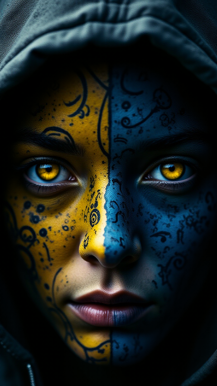 Gesicht mit schwarz-blauen Mustern und mechanischen Elementen