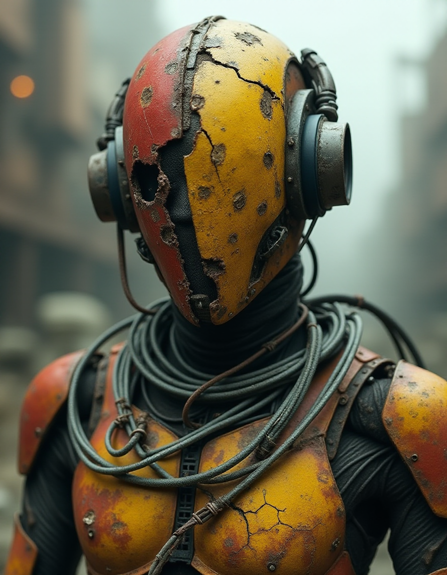 Damaged Biomechanical Cyborg in post-apokalyptischer Landschaft