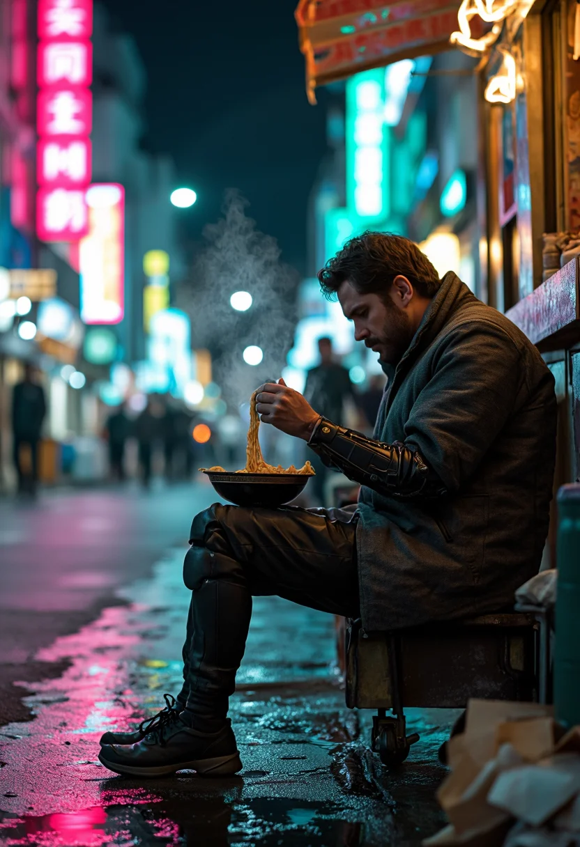 Cyborg isst Ramen an nächtlichem Straßenstand
