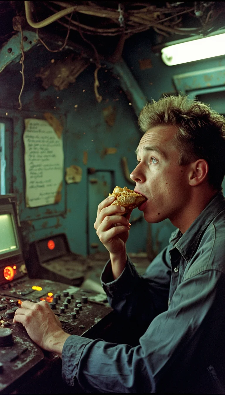 Mechaniker isst Sandwich im engen Raumschiff-Cockpit