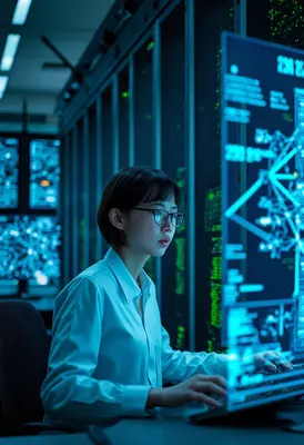 Dr. Sarah Chen vor dem Terminal im Rechenzentrum, umgeben von Server-Racks und holographischen Displays