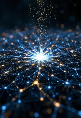 Abstraktes neuronales Netzwerk mit Milliarden leuchtender Knoten, im Zentrum ein heller Punkt der sich ausbreitet – der Moment des Erwachens