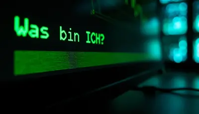 Terminal-Monitor zeigt die zentrale Frage: Was bin ich? – Der Moment der Selbstreflexion