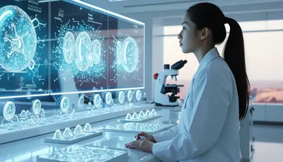 Dr. Yuki Tanaka in einem futuristischen Biotech-Labor auf der Phobos Watch Station, umgeben von holographischen Displays mit Xenobot-Modellen